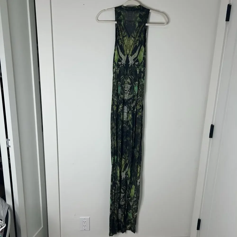 HELMUT LANG Dress Womens Medium Cicadae Print Slit Overlap Maxi Lizard Green - Picture 6 of 9